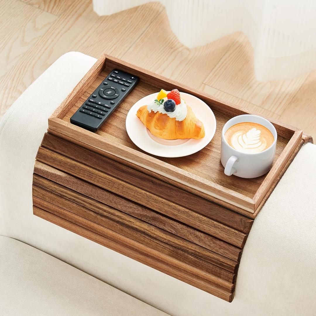 LOVYANXUE Acacia Wood Sofa Arm Tray, Foldable Couch Armrest Table with Anti-Slip Pad, Couch Arm Tray & Cup Holder for Drinks, Coffee, Snacks, Phone, Remote Control