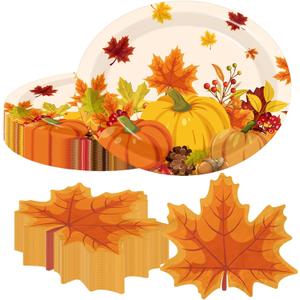 Fall Party Decorations Plates and Napkins, 100 Pcs Autumn Plate and Napkins include Oval Pumpkin Paper Plates,Maple Leaf Napkins for Fall Theme Party Thanksgiving Supplies