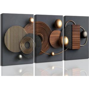 3D Textured 3Pcs Abstract Black Gold Geometric Boho Canvas Wall Art Mid Century Modern Minimalist Aesthetic Luxury Metal Artwork Pictures Wall Decor Posters Prints for Living room Office Home Decoration (12"LX16"W)