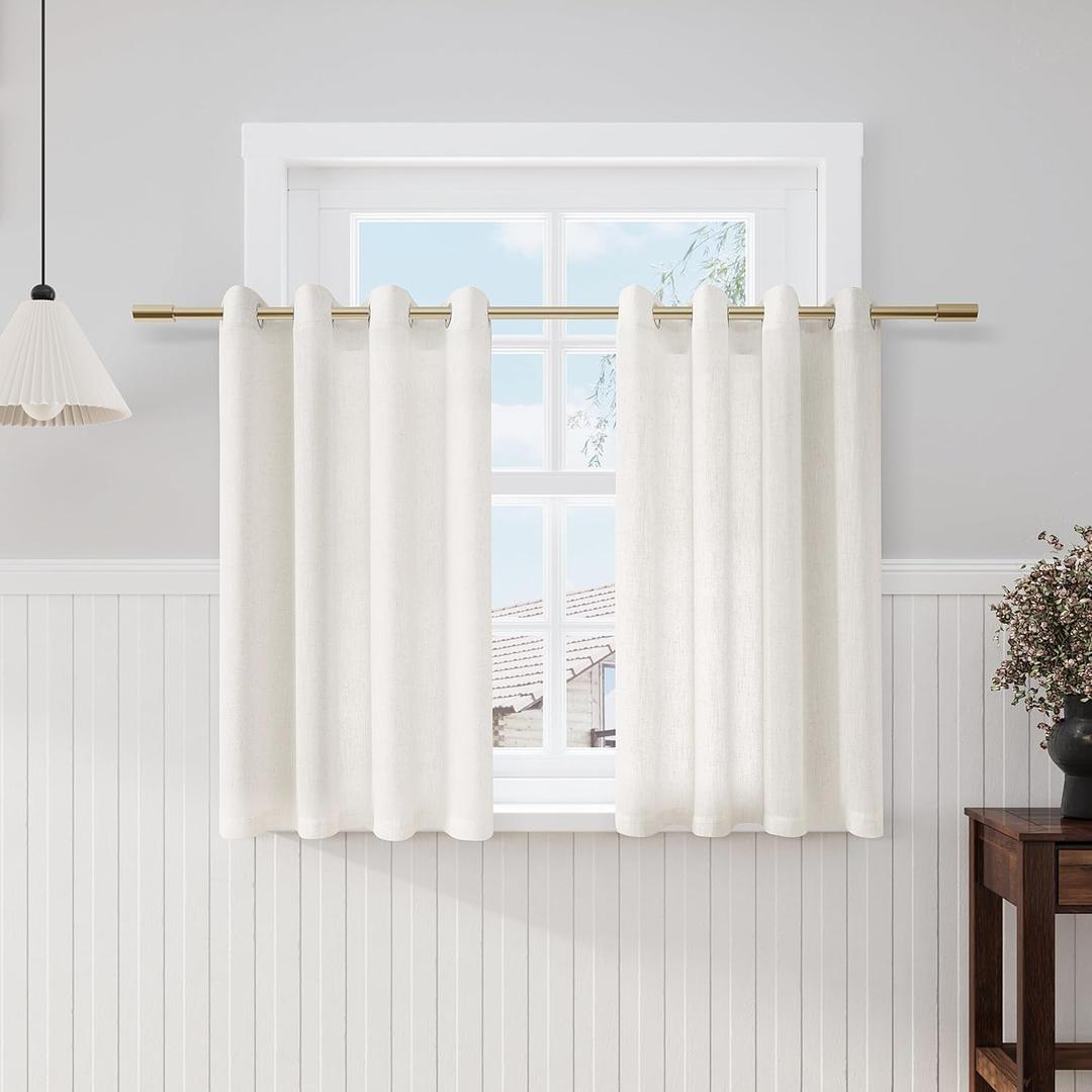 Beige Linen Short Curtains for Small Window 45 Inch Length for Kitchen 2 Panels Set Grommet Linen Textured Cafe Curtain Semi Sheer Light Filtering Neutral Privacy Drapery for Bathroom Basement, 52x45 inch