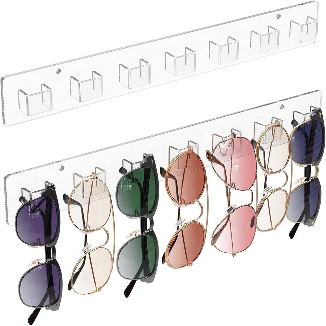 MaxGear Sunglasses Organizer 2 Pack, Wall-Mounted Eyeglasses Holder, Clear Acrylic Display Rack with 14 Slots, Ideal for Home and Office Storage