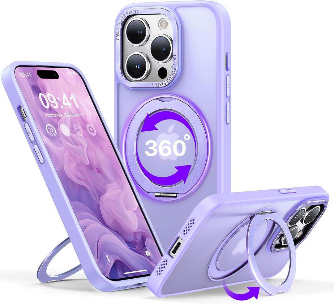 QTlier case for iPhone 14promax, 360 Rotatable Ring Stand, Raised Camera Frame, Shockproof with MagSafe Lilac