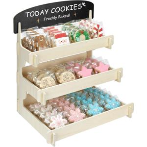 Wooden Cookie Display Stand with Chalkboard Sign for Market Booths, Craft Fairs & Events 3- Tier Cookie Display for Bakers & Vendors to Show Cupcakes, Bread, Muffins & Pastries