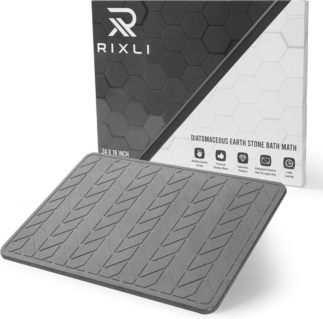 Diatomaceous Earth Stone Bathmat | Eco-Friendly XL Stone Bath Mat 18x24 Inch. Instant Dry Bathroom Mat with Sandpaper & Pads. Multiuse, Kitchen Counter & Dog Bowl Mat. 1 Grey Arrow