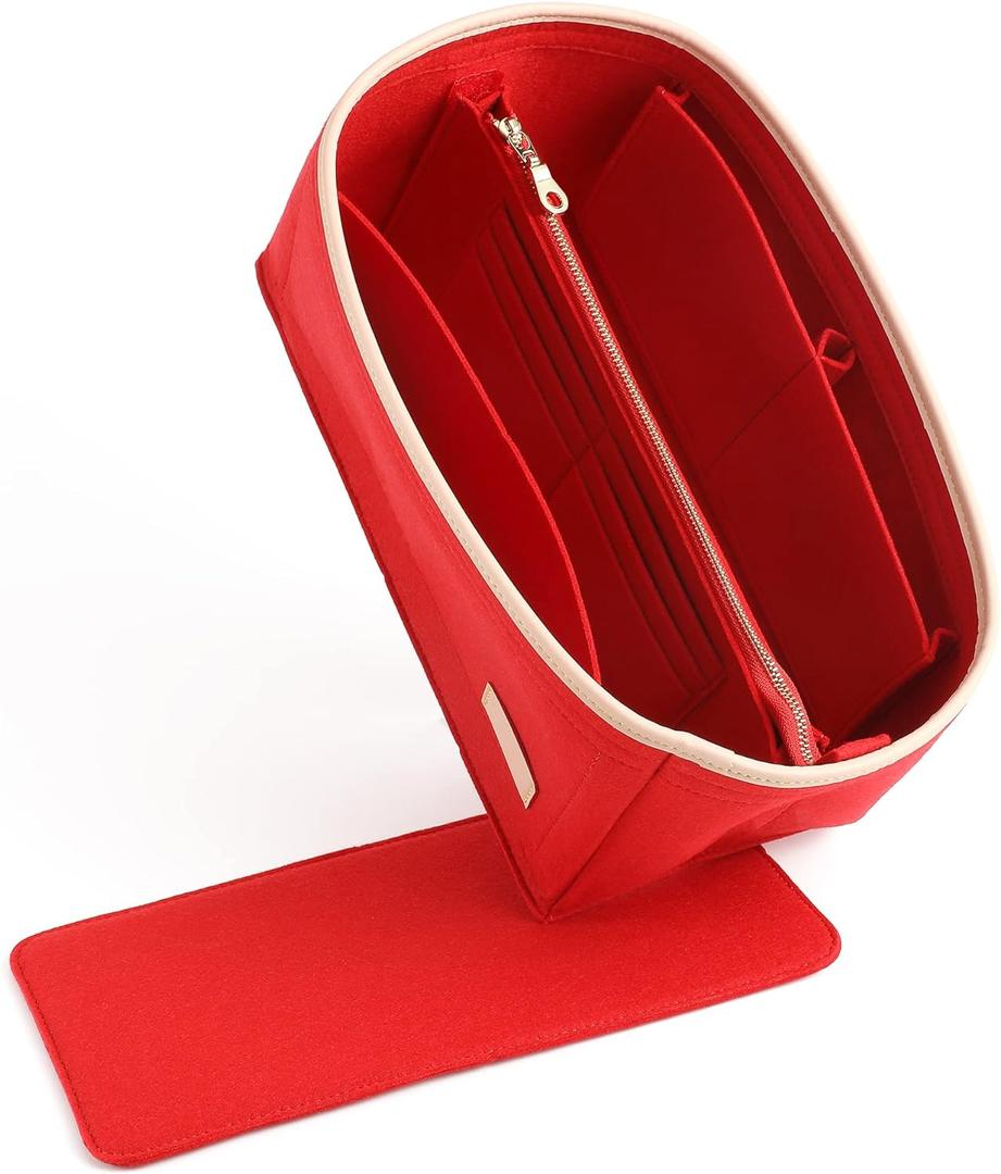 Doxo Purse Organizer Insert & Base Shaper 2pc Set, Felt Handbag Bag Fit LV Speedy & Neverfull More (L-Red)
