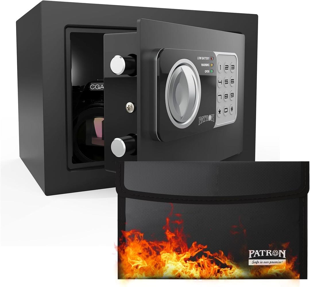 PATRON Fireproof Safe Box for Home , Mini Safe for Money, Coin Safes with Code, Fire Proof Lock Box for Kids, Wall or Cabinet Safe for Personal Items，0.236 Cubic Feet Black