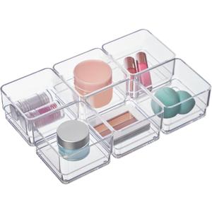 STORi SimpleSort 6-Piece Stackable Clear Drawer Organizer Set | 3" x 3" x 2" Square Trays | Small Makeup Vanity Storage Bins and Office Desk Drawer Dividers | Made in USA