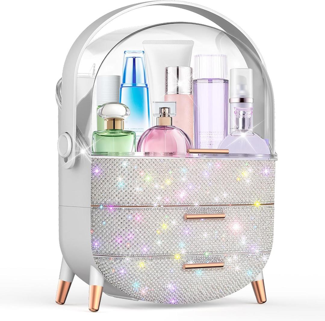 Makeup Organizer For Teen Girl Birthday Gifts, Cosmetic Display Cases with Transparent Cover, Skincare Organizers for Vanity, Perfume Organizer, Lotions Display Case, Lipstick Organizer (Rhinestone)