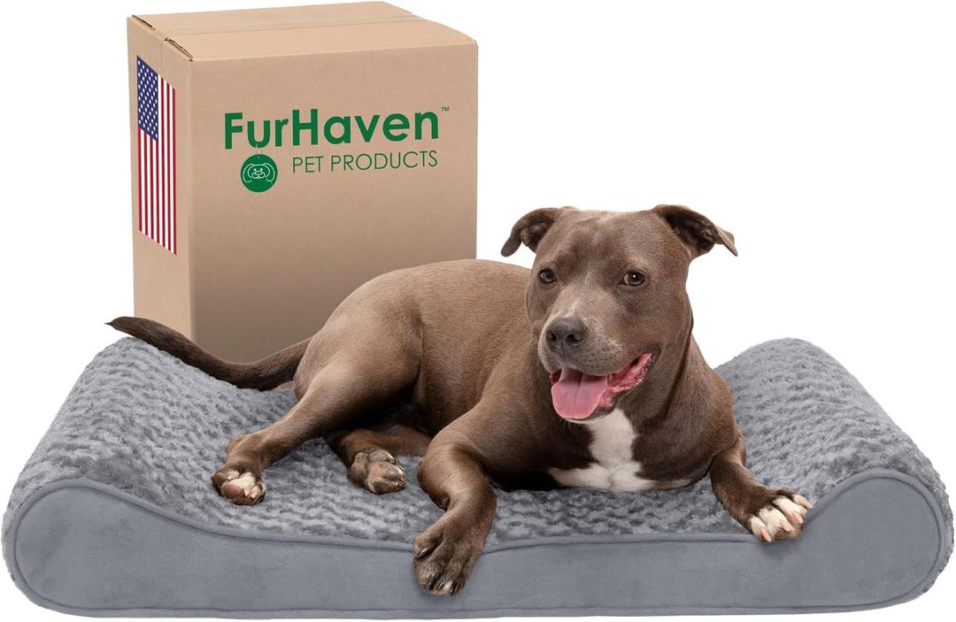 Furhaven Cooling Gel Dog Bed for Large/Medium Dogs w/ Removable Washable Cover, For Dogs Up to 38 lbs - Ultra Plush Faux Fur & Suede Luxe Lounger Contour Mattress - Gray, Large