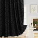 Extra Long Black Boho Woven Fabric Shower Curtain with Tassel 72 x 84, Bohemia Tufted Chevron Striped Chic Textured, Waterproof Cloth Curtain for Bathroom, Modern Farmhouse Minimalist