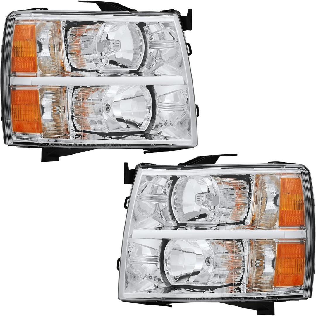 Wildwolf Headlights Assembly For 2007-2013 Chevy Silverado 1500 / For 07-14 Chevrolet Silverado 2500 3500 HD, Head Light Set Replacement Accessories, Halogen OE Headlamp Chrome Housing Amber Reflector (Left Driver & Right Passenger Side)