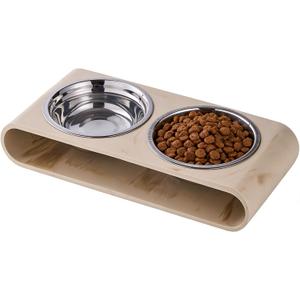 Beige Marble Elevated Dog Bowls Set - 2 Thick 6" Stainless Steel Puppy Food Bowl with Non-Slip Raised Holder Stand, Double Feeding Bowls for Food and Water, Suitable for Cats and Small Medium Pet