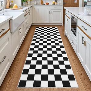 Terrug Black and White Checkered Area Rug for Kitchen,2x6 Runner Rugs Washable with Non Slip for Bedroom, Soft Low Pile Stain Resistance Retro Carpet for Entryway Hallway