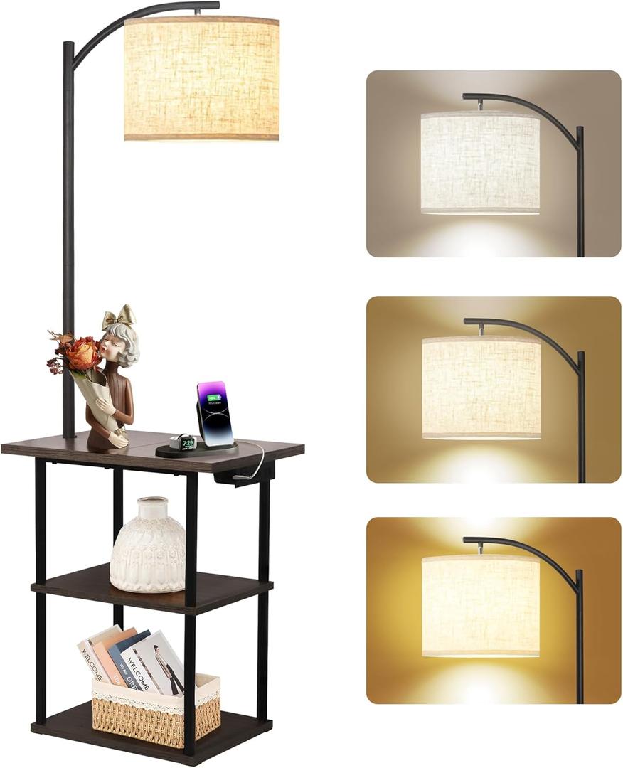PESRAE Floor Lamp with Table, End Tables with Charging Station(USB & Type-C & AC Port), 3 Color Temperatures 9W LED Bulb, Modern Shelves Side Table for Bedroom, Living Room
