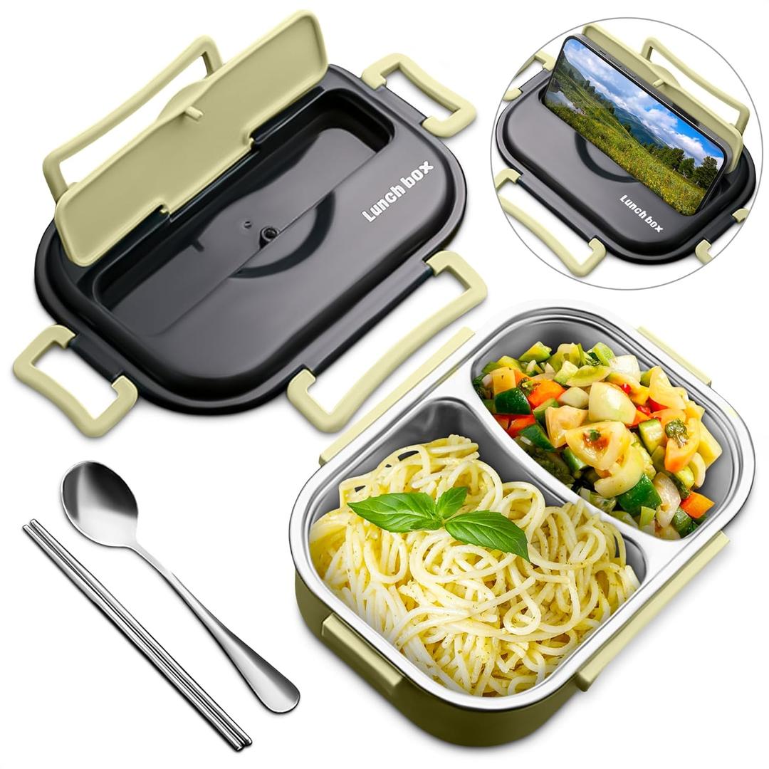 Hot Meal Retaining Lunch Container - 6.5x9.2x2" Hot Food Toper, Office Adult Lunch Containers with Compartments, Stainless Steel & Durable Plastic, Easy to Use and Clean, Cutlery Set Included