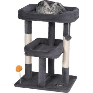 FourFurPets 27.6-Inch Cat Tree, Cat Tower for Indoor Cats, Cat Condo for Large Cats, Small Cat Tree with Scratching Post, Toy Balls, for Kittens, 2 Soft Platform, Dark Gray