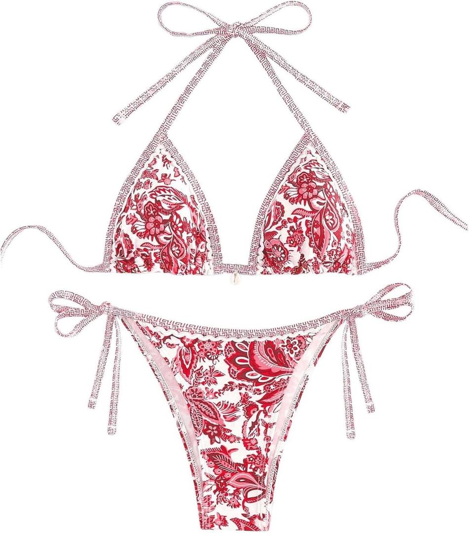 Women's Floral Printed Bathing Suit Halter Paisley Summer Swimsuit Bikinis Set (Large, Red)