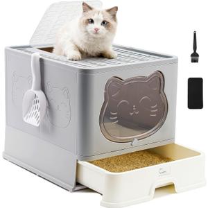 Hooded Fully Enclosed Cat Litter Box with Drawer, Extra Large Odor Control Indoor Litter Tray, Privacy Covered Toilet with Scoop for Cats Under 17.6Ib(8kg) (lightgray)
