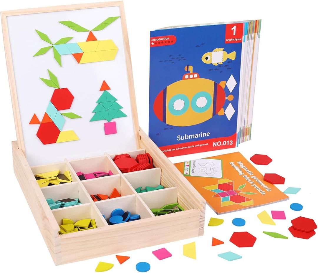288 PCS Wooden Magnetic Pattern Blocks Set,Montessori Tangram Puzzle STEM Toys for Kids Ages 3-8, Educational Learning Toys Gift