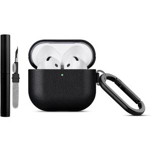 LOPIE Handmade Case for AirPods 4 / AirPods 4 with Active Noise Cancellation Leather Case Clip & Cleaner Kit, Fully-Wrapped with Top Grain Leather, Protective Hard Cover for Gen 4 Air Pods - Black