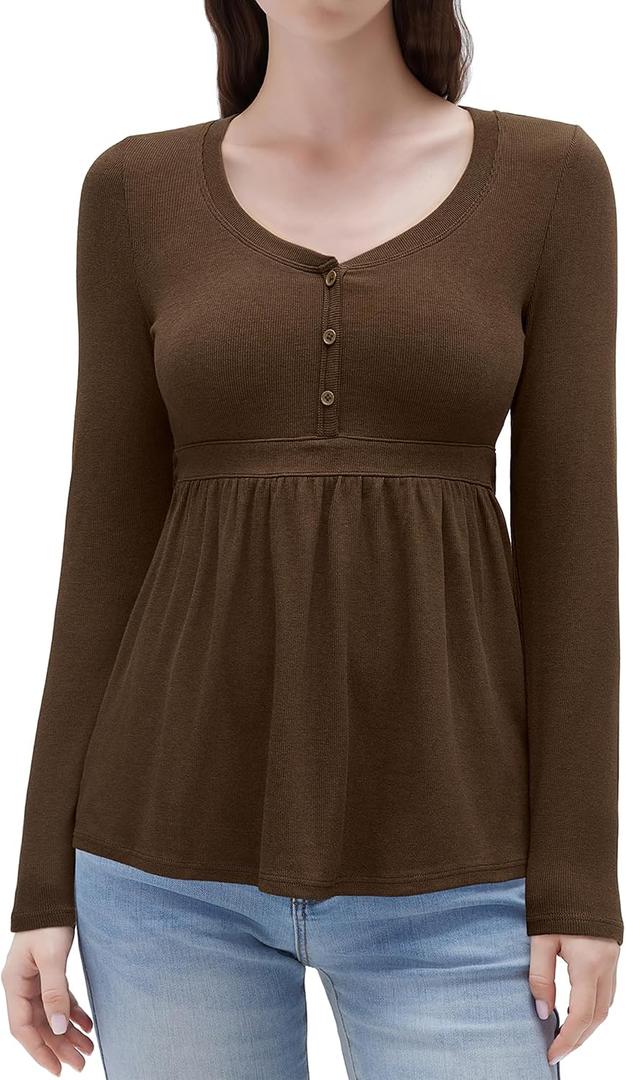 SUUKSESS Womens Babydoll Tops Cute Peplum Tops Ribbed Long Sleeve Henley Shirts Going Out Flowy Outfits (Brown, XS)