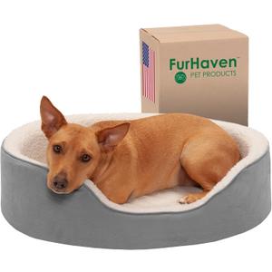 Furhaven Orthopedic Dog Bed for Large/Medium Dogs w/ Removable Washable Cover, For Dogs Up to 30 lbs - Sherpa & Suede Oval Lounger - Gray, Large