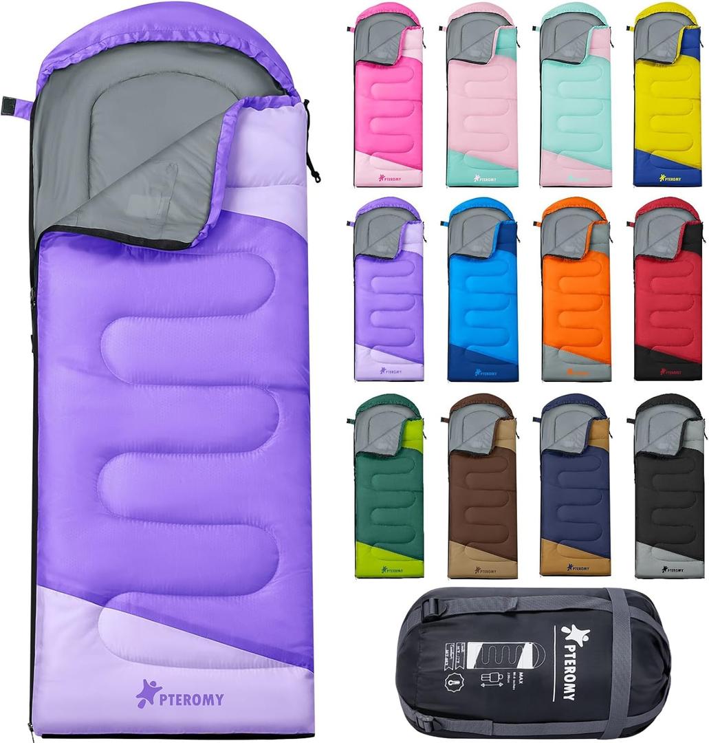 PTEROMY Sleeping Bags for Adults, Lightweight and Machine Washable, Water Resistant Backpacking Camping Sleeping Bag for Warm Cold Weather, Camping Essentials for Hiking Travel (50F~80F, Purple)