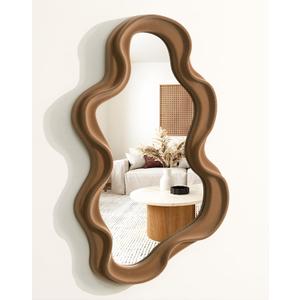 Irregular Wall Mirror Living Room Decor, Cloud Decorative Mirrors with Flocking Touch, Modern Wavy Mirror for Hallway Entryway Staircase Bedroom, Over the Door Wall Art Decoration (Brown) (16x10")