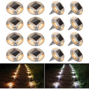 VOLISUN Solar Driveway Lights Dock Deck Lights 16 Pack,2 Colors in 1 Led IP67 Waterproof Outdoor Warning Step Lights for Driveway Sidewalk Pathway (White/Warm White)