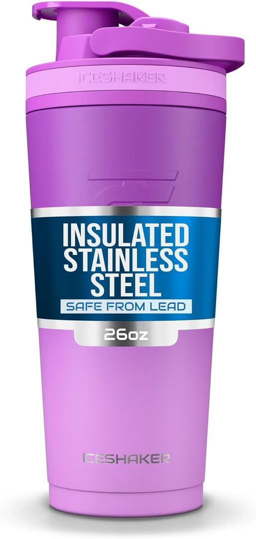 Ice Shaker Insulated Stainless Steel Shaker Bottle | 26oz, Purple Color Rush | Cold for 24+ Hours | Insulated Cup with Twist Agitator | Odor-Free Bottle for Protein Shakes, Water, Smoothies, Cocktails