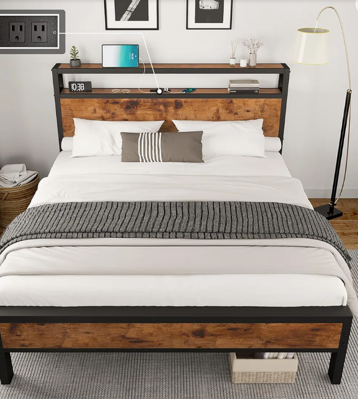 Tryston Bed Frame Industrial Platform Bed with Charging Station