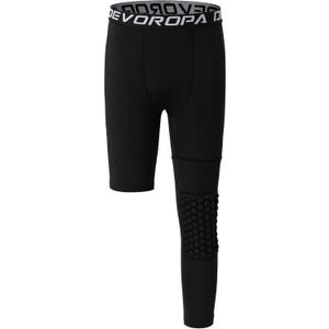 DEVOROPA Youth Boys' Compression Pants with Knee Pads 3/4 Basketball Athletic Tights Quick Dry Sports Workout Leggings (X-Large, Black(left Long))