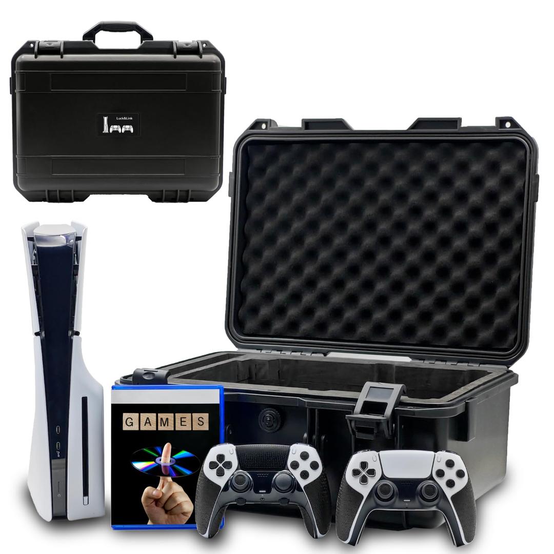 Hard Shell Travel Case Compatible with PlayStation 5 Slim Console, Controllers,Accessories-Waterproof PS5 Slim Carrying Case with Customized Foam for Both Standard and Digital Editions (FOR PS5 SLIM) (Black)