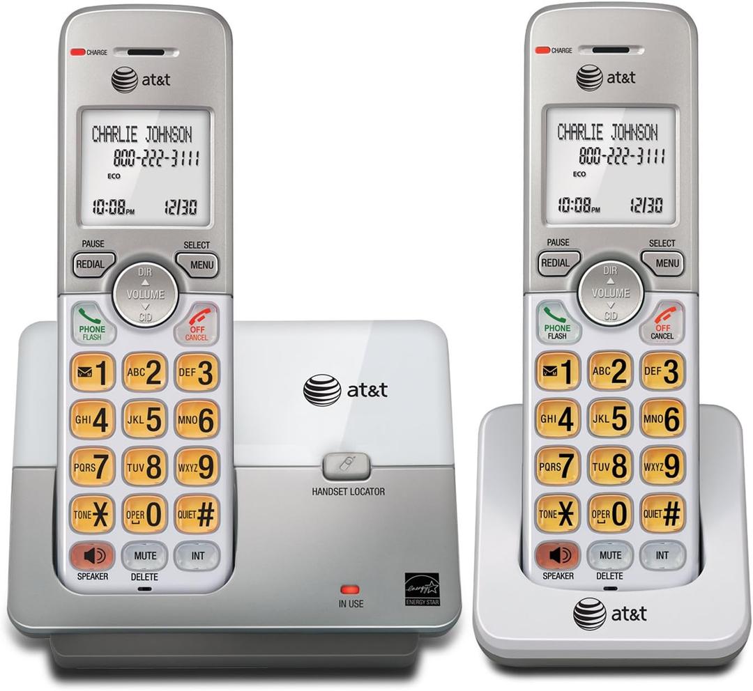 AT&T EL51203 2 Handset DECT 6.0 Cordless Home Phone Full-Duplex Handset Speakerphone, Backlit Display, Lighted Keypad, Caller ID/Call Waiting, Phonebook, Eco Mode, Voicemail Key, Quiet Mode,Intercom (2 Handsets)