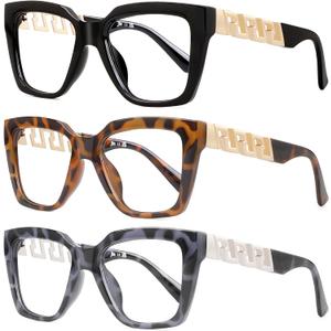 JM 3 Pack Reading Glasses for Women, Oversized Fashion Blue Light Blocking Computer Readers (3 Pack Mix, 4.0 x)