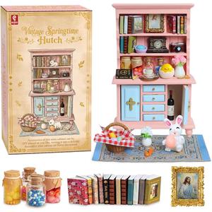 Vintage Springtime Hutch Set - 40 Pcs Dollhouse Miniatures 1/12 Scale Accessories, Wooden Bookshelf with Books, Flowers&Rabbits, Easter Eggs Decorations Mini Furniture Gifts for Kids
