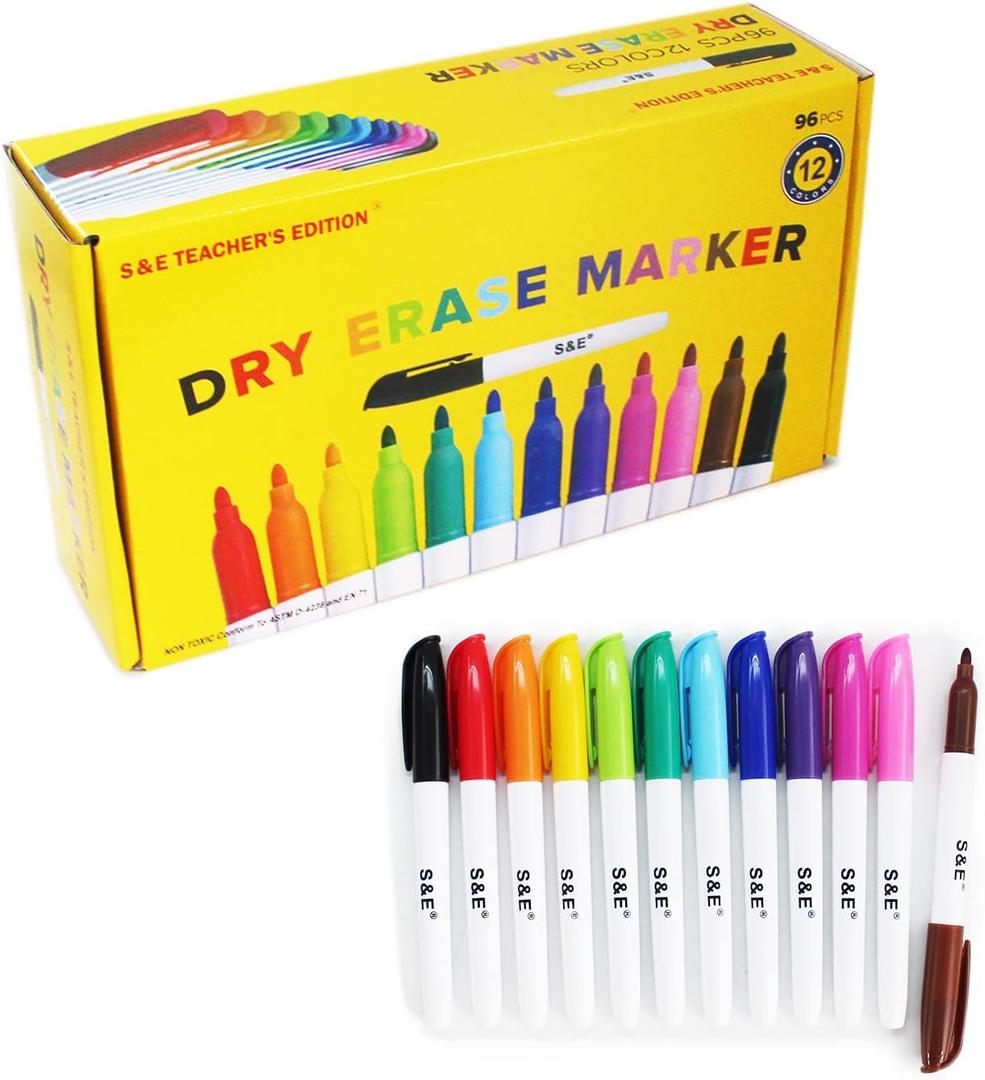 S & E TEACHER'S EDITION 96 Pcs Dry Erase Markers Colored markers for Kids 12 Assorted Colors with Low-Odor Ink Colored Whiteboard Markers for School, Office, Supplies