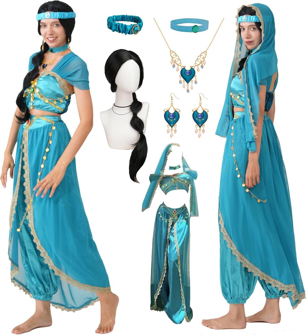 Akokvlar 8pcs Arabian Princess Costume for Women Adult Dress with Accessories Wig (Large, Blue)