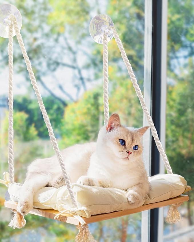 Cat Window Perch with IndustrialGrade Suction Cups  Solid Pine Wood Hammock Bed, Soft Cushion  42 lb Capacity for Cats Inside