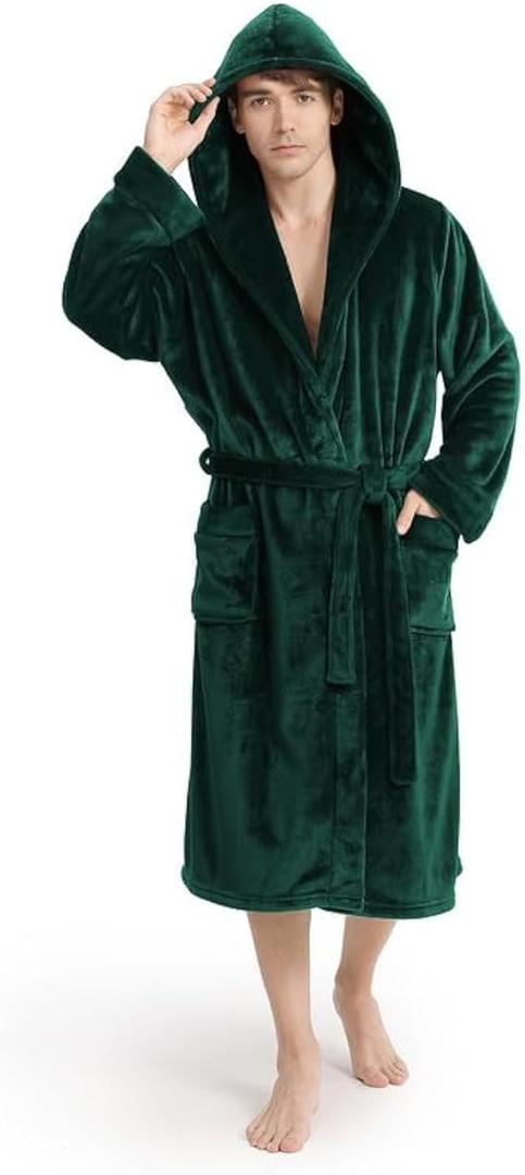 Yurhap Hooded Mens Robe, Cozy Fleece Bathrobe for Men, Plush Robe with Belt | Luxury Mens Robe for Spa Hotel House & Pool, Ultra Soft Fluffy Robe for Men, Attached Hood & 2 Pockets, XL 