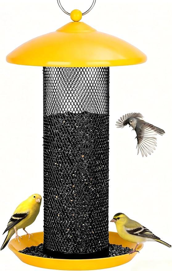 Finch Bird Feeders for Outdoors 2.5 LB Capacity Squirrel Proof Metal Tube Bird Feeders Thistle & Nyjer Seed Hanging Feeder, Yellow, 1 Pack
