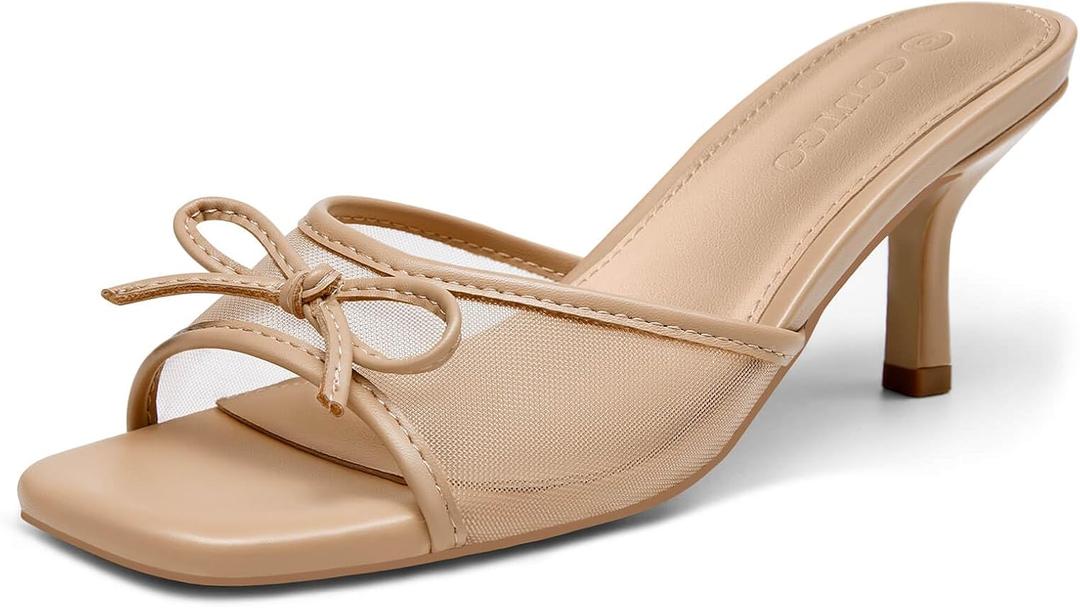 Womens Bow Mules Heels Kitten Heel Slide Sandals Square Toe Slip on Dress Shoes