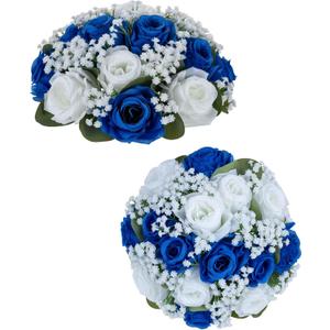 BLOSMON Fake Flowers Ball Wedding Centerpieces 2 Pcs Royal Blue Rose Babys Breath Artificial Flower Center Pieces Decoration for Table Faux Silk Floral Bouquet Arrangements for Home Party DIY Decor