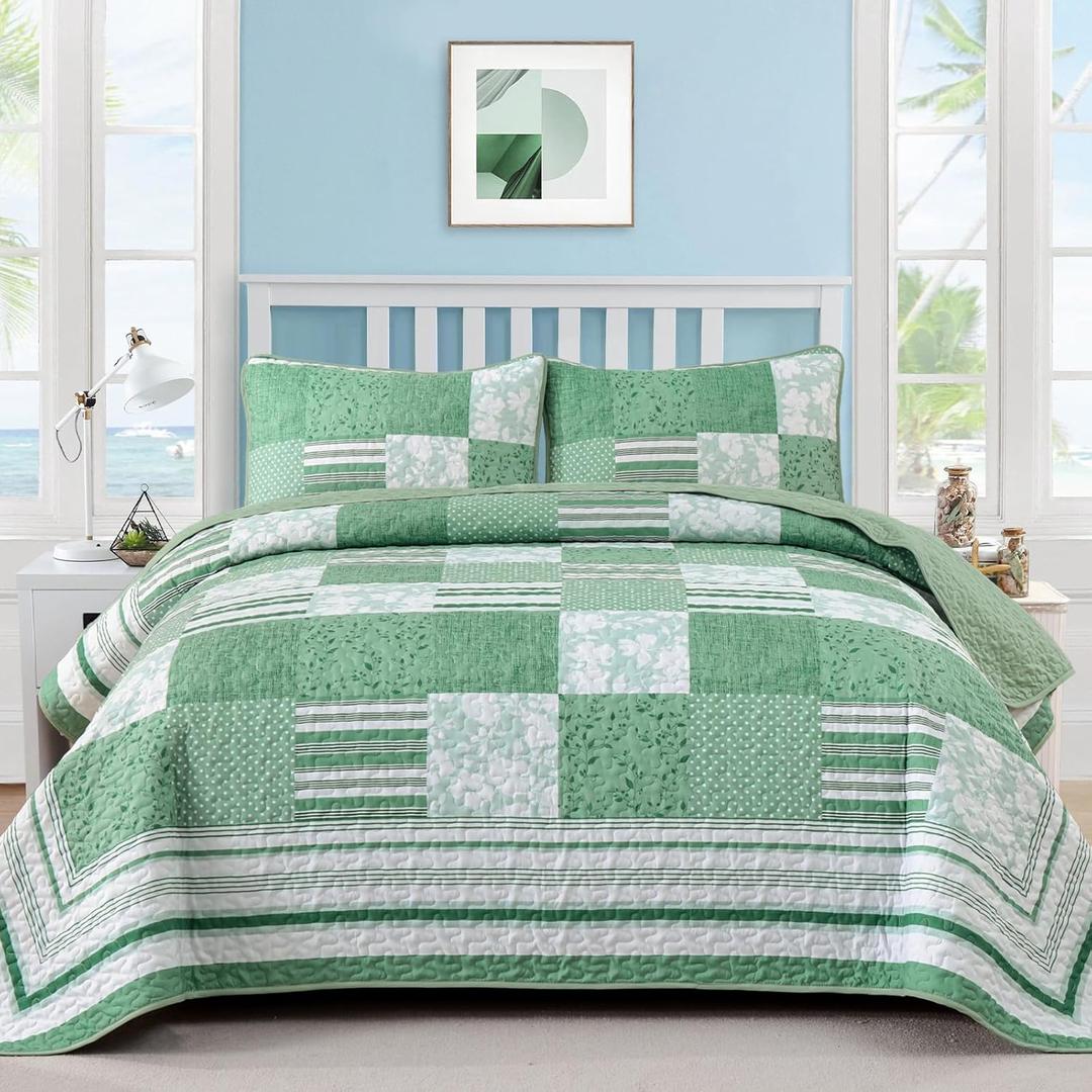 Drucon Green Patchwork King Quilt Bedding Set, Summer Plaid King Bedspreads, 3 Pieces Lightweight Soft Coverlet with 2 Pillow Shams for All Season 104x90 Inch