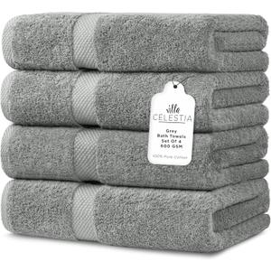 600 GSM 100% Cotton Bath Towels, Grey, Set of 4, Highly Absorbent, Plush, Soft, Quick Dry, 4 Pieces Combed Cotton Luxury Towels for Hotels, Spa, Salon, Bathroom, Dorm, Pack of 4