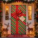 Tudomro 2 Pcs Christmas Door Covers Decoration Red and Green Stripe 35 x 79 Inch for Front Door Gift Merry Box Bowknot Sign Polyester Holiday Banner for Wall Xmas Party Decor