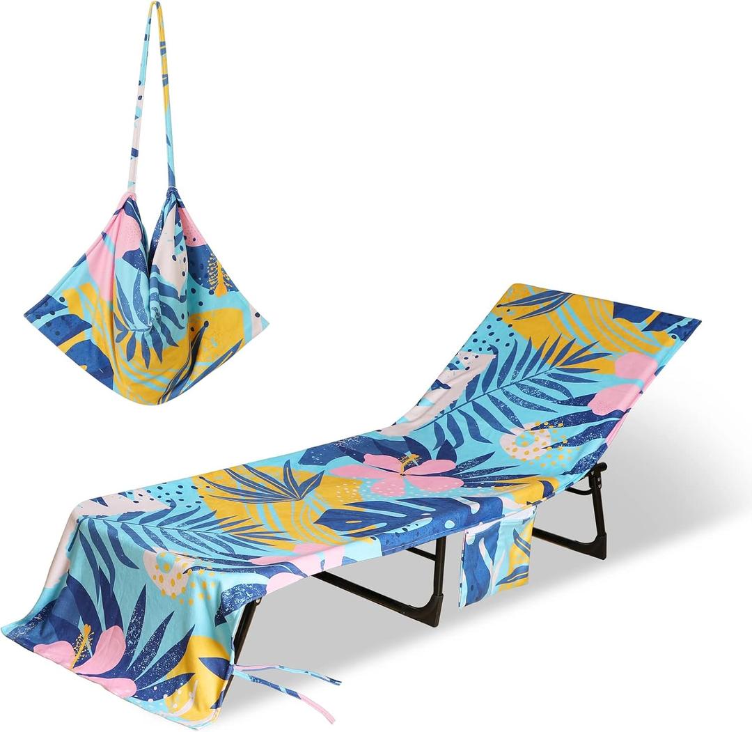 Beach Lounge Chair Towel Cover,Soft Microfiber Chaise Lounge Towel Cover Patio Pool Chairs Cover with Side Pockets,80" x 26" Chair Cover for Beach/Pool Sunbathing (Palm Leaves)