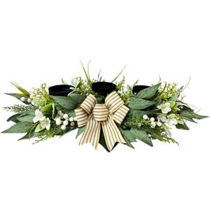 Candle Holder Centerpiece for Table,3 Wick Candle Holder with Artificial Gypsophila Flower,Artificial Eucalyptus Leaves Magnolia Holly Berries and Striped Bow for Table Centerpiece Decor,Dining Room