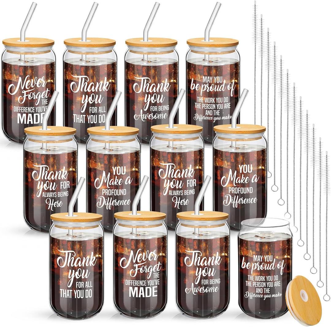 Dandat 24 Set Employee Appreciation Gifts Thank You Team Gifts Glass Cups for Staff Coworker 16oz Can Shaped Inspirational Glass Cups Bulk with Lids Straws Brushes for Teacher CNA Nurse(Various)