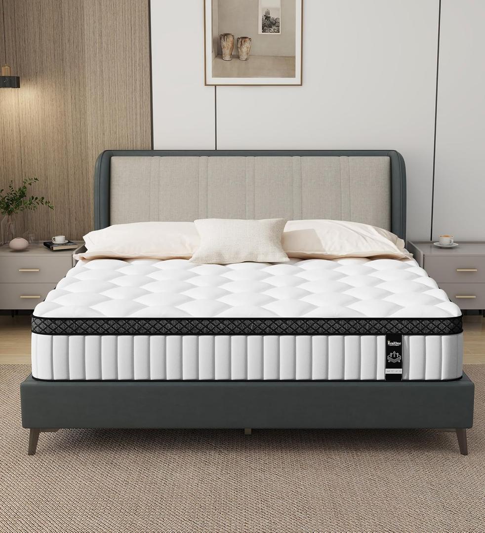 REALONE Queen Mattress,12 Inch Hybrid White Mattresses,Gel Memory Foam Spring Mattress in a Box,Medium Firm Pressure Relief